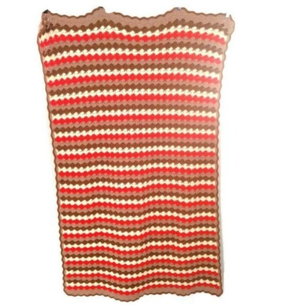 Hand Knit Afghan Throw Lap Blanket Brown Red White 42 x 60‎ Washable